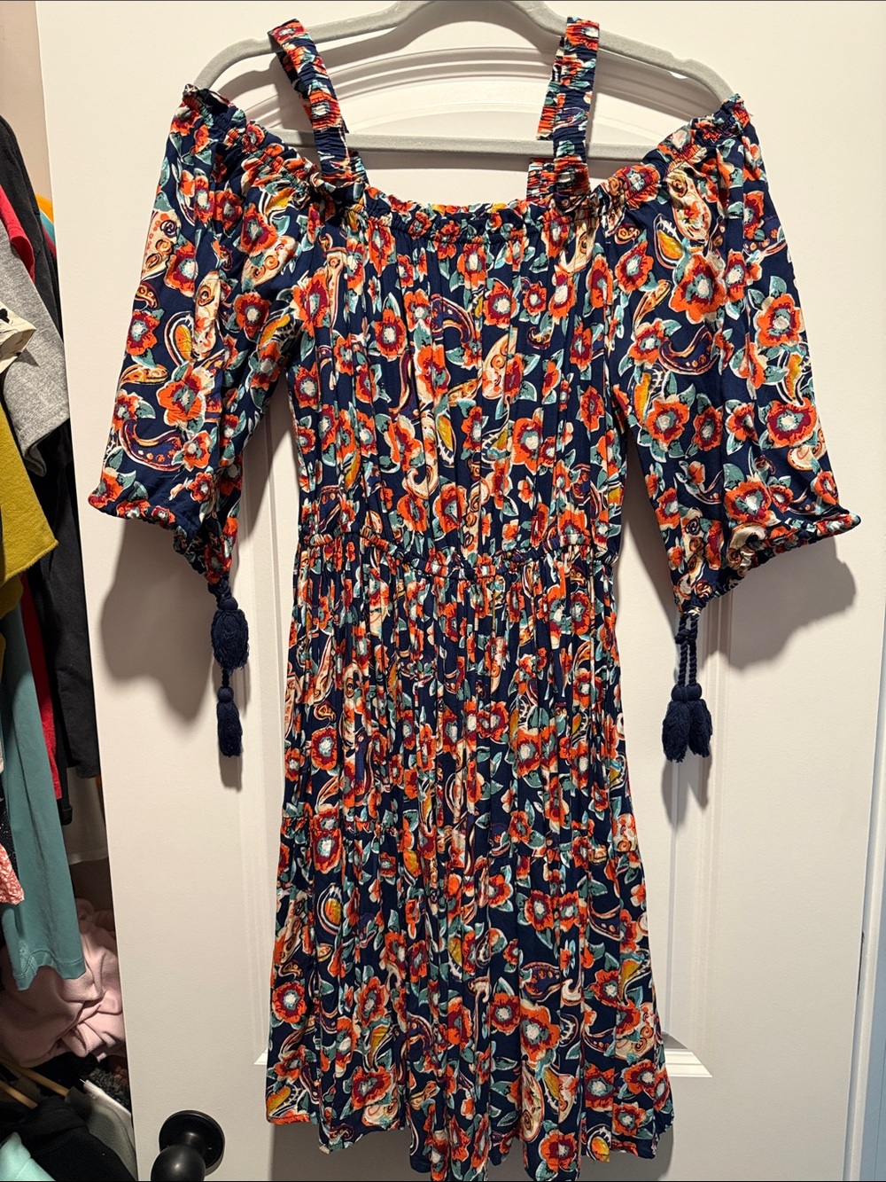 easel Navy Floral Off-Shoulder Dress with Tassel Details